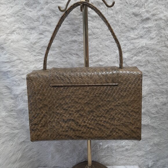Vintage Beige Snake Skin Frame Top Handle Box Purse Handbag - Picture 3 of 9